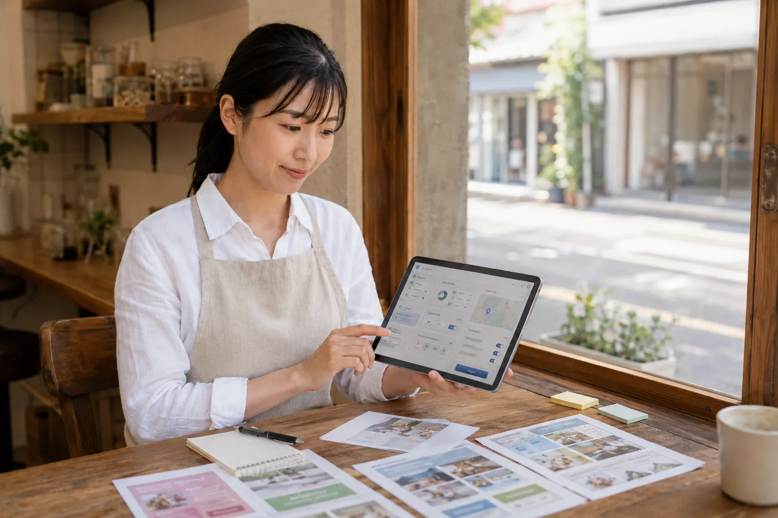 電卓とノートで広告費用の予算を考える机の上